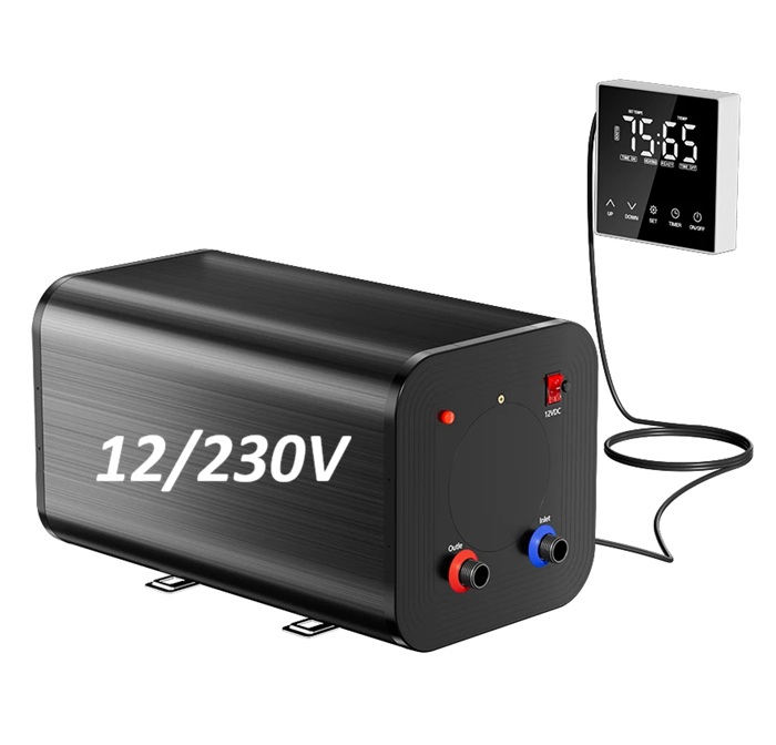 Elektrický nerezový bojler pro karavany 10 litrů s přepínatelným výkonem a napětím 12V/220W a 230V/1600W včetně vzdáleného displeje pro nastavení bojleru