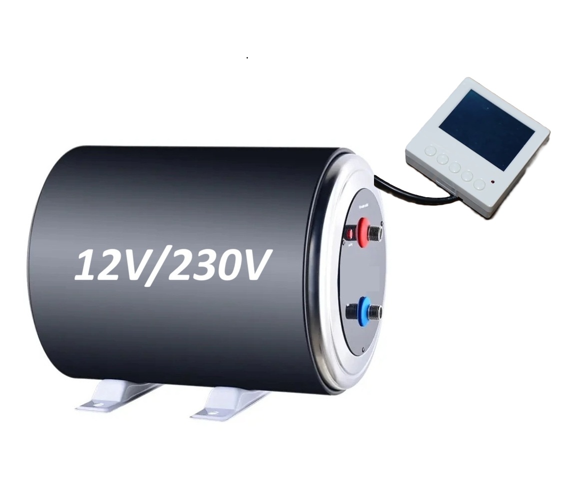 Elektrický nerezový bojler pro karavany 10 litrů s přepínatelným výkonem a napětím 12V/200W a 230V/1500W včetně vzdáleného displeje pro nastavení bojleru