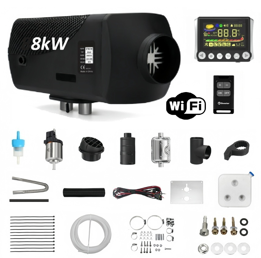 XL-AIRD Nezávislé topení 8kW včetně instalační sady, černý LCD ovladač nová verze, černý dálkový ovladač, 12V nebo 24V automatická volba, tiché čerpadlo, Bluetooth aplikace, wifi vzdálené ovládání